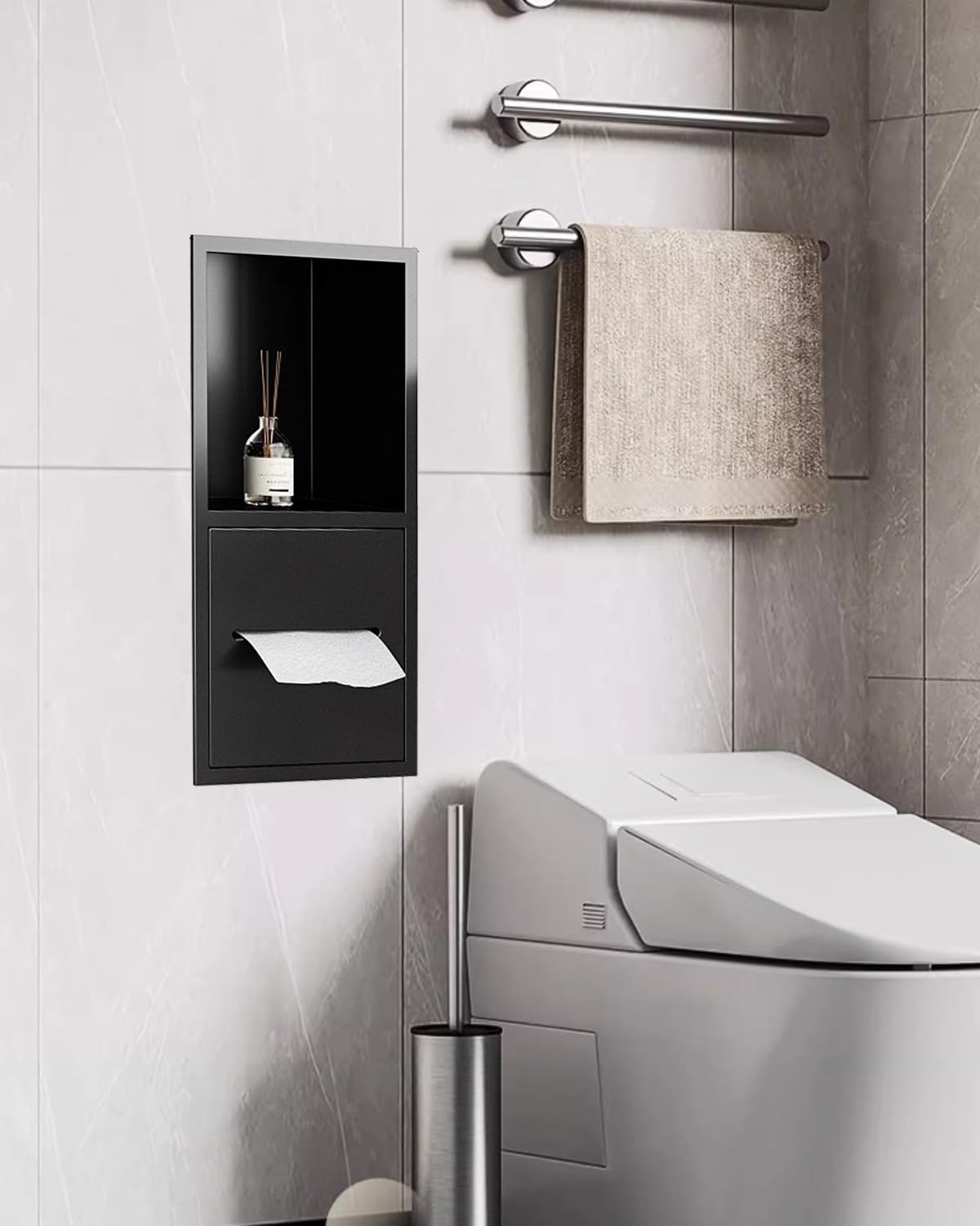 Dispensador de Papel higiénico Empotrado en la Pared Que Ahorra Espacio - Estante para Papel higiénico Integrado e Impermeable, Elegante Organizador de baño Negro para un Almacenamiento efic