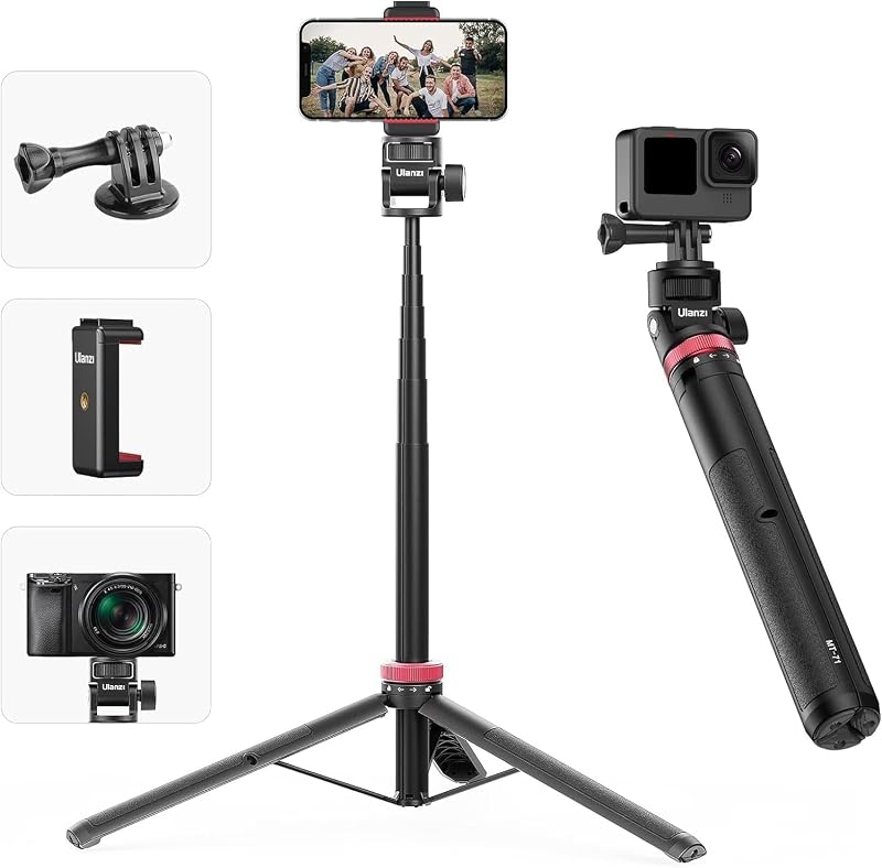 MT-71 57.48" Extendable Selfie Stick Tripod with Phone Clamp & Cold Shoe | 7-Section Aluminum Pole for Action Camera Compatible with Gopro/ DJI Osmo 360/Pocket 3&4/Insta360 X5/Phone 17 Smartphones
