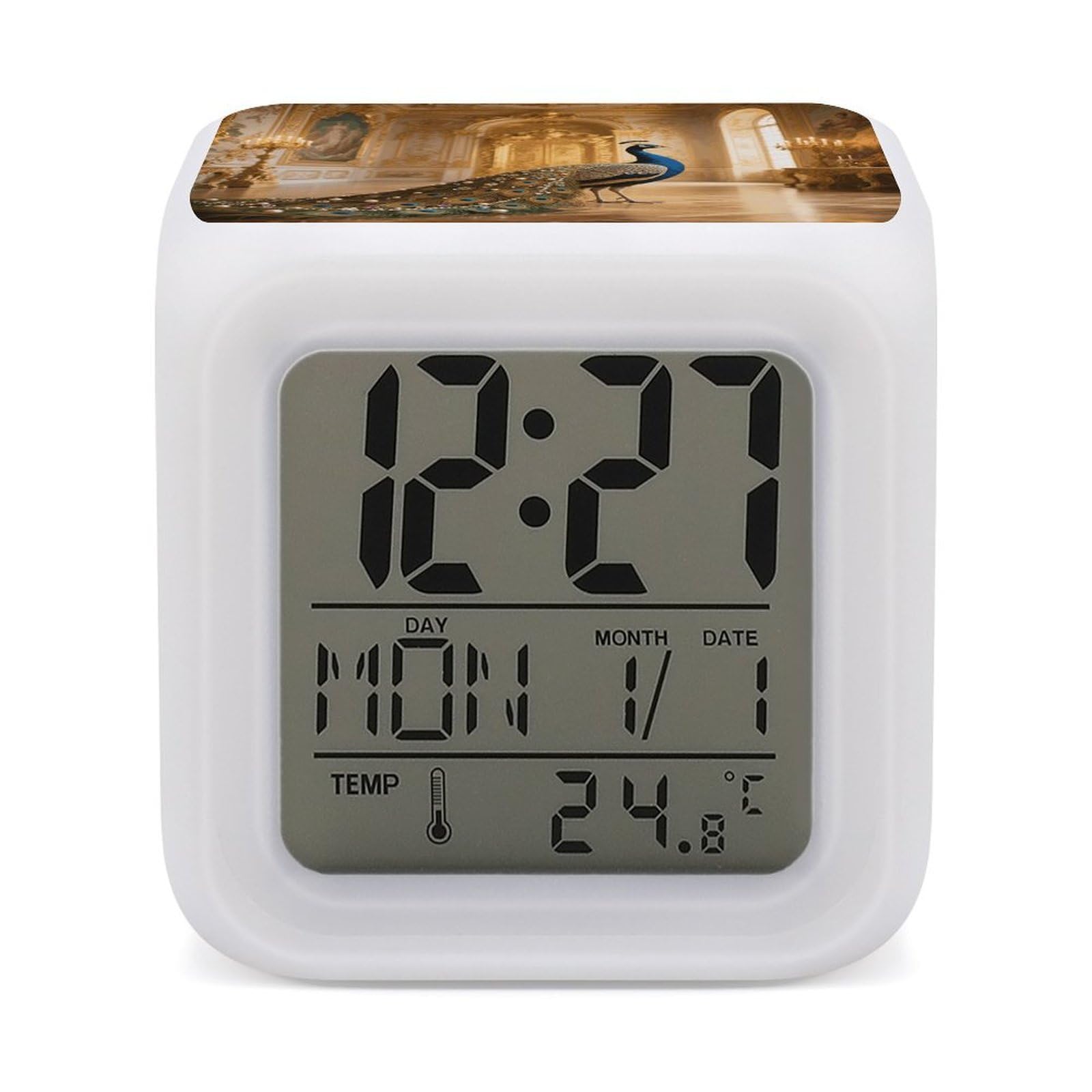 VstaDank Jeweled Peacock Alarm Clock Sleep Trainer 7 Color Changing Night Light Modern Touch Bedside Lamp Fashion Digital Clock with Temperature Display Wake Clocks for Loud Alarm