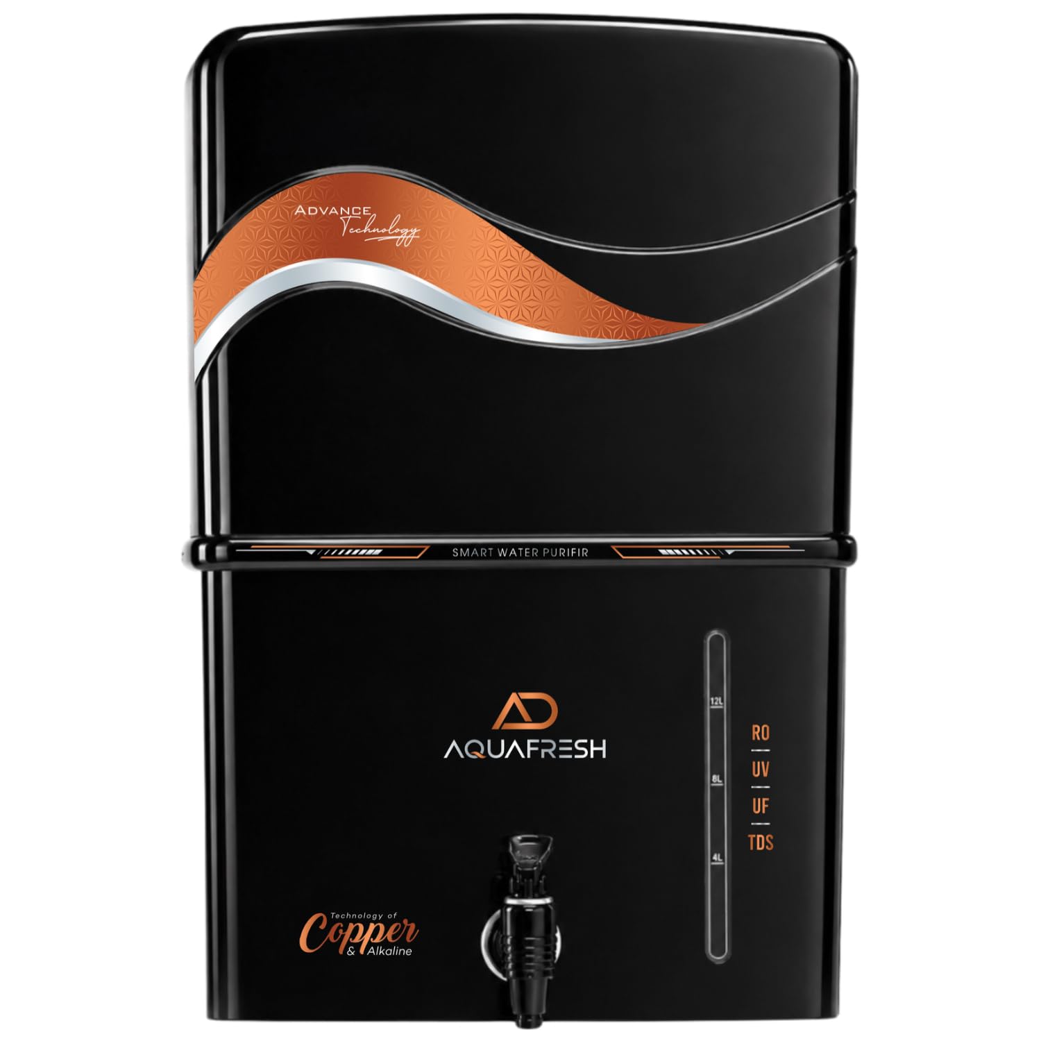 aquafresh copper + alkaline ro water purifier 12l ro+uv+uf +tds control+uv purified water with goodness of and alkaline copper ro water purifier, black