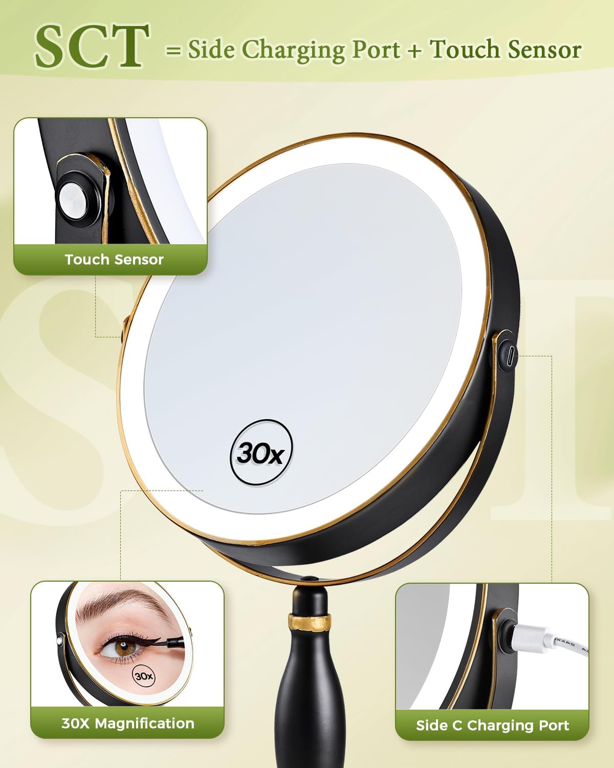 30X Magnifying Mirror with Light – Matte Black & Gold Trim, 8" Double Sided Vanity Mirror, 360° Rotation, Rechargeable 5000mAh (Side Touch + Side Charge), 3 Color Lights Dimmable, Makeup Mirror