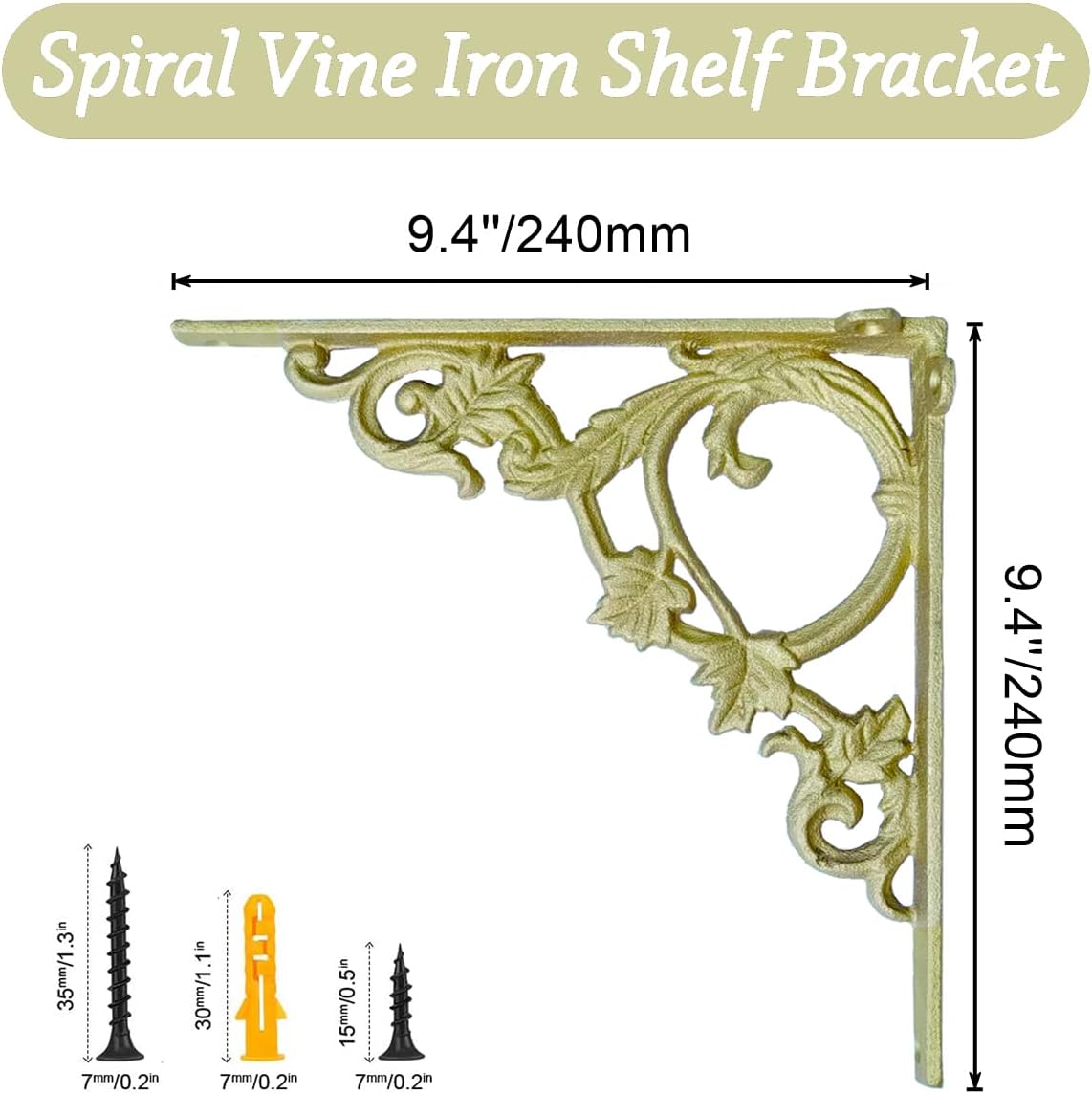 Cast Iron Victorian Scroll Shelf Brackets, 9 x 9 inch Antique Decor Shelves Bracket, Wrought Iron Corner Brackets,Wall Decorative, Modern Shelving Bracket for DIY Floating Shelves, Gold, 2 Pcs