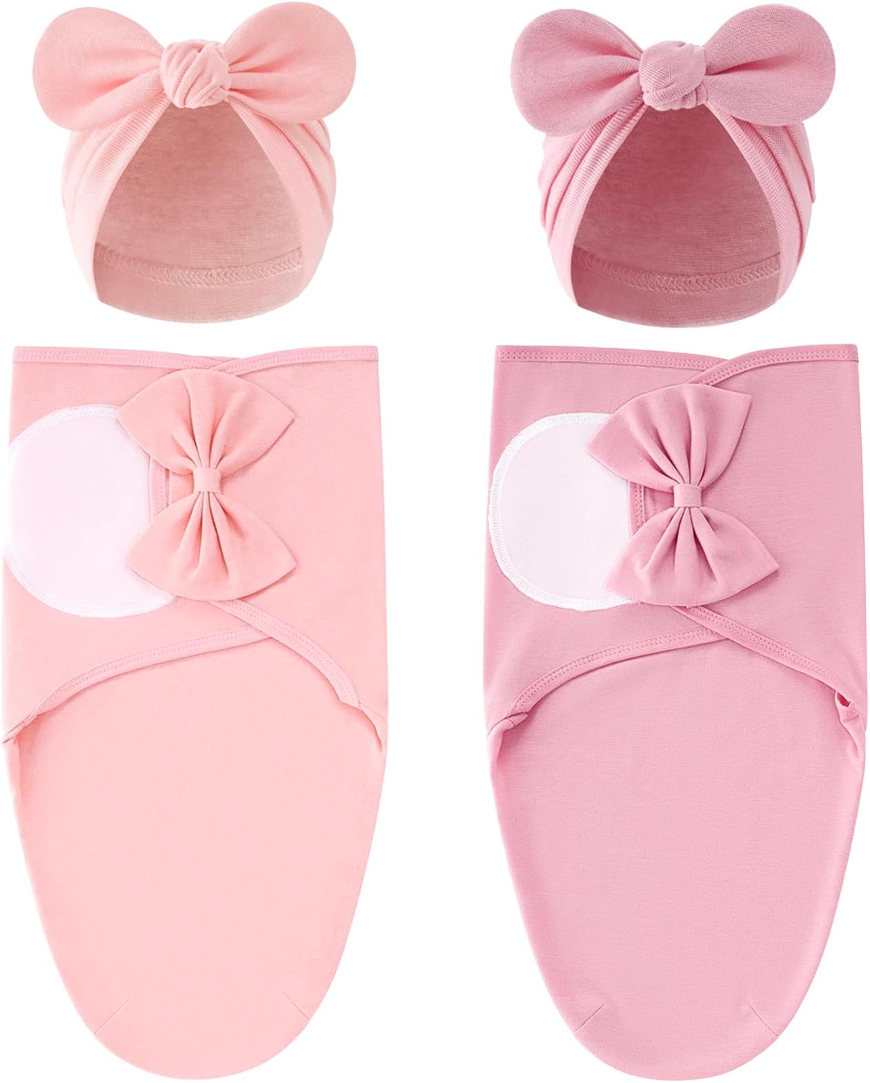Cinaci 2 Pack Adjustable Soft Cotton Blend Newborn Baby Receiving Swaddle Blankets Sleep Sacks with Big Bow Hats Caps Beanies Bonnets for Baby Girls Newborns Infants (Coral Pink+Dusty Pink)