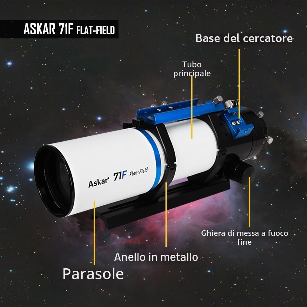 Askar 71F Flat Field Telescope F6.9 ED Glass Refractor 71mm OTA Aperture Quadruplet Airspaced Quadruplet Piastra a coda di rondine da 230 mm per astrofotografia Deep Sky