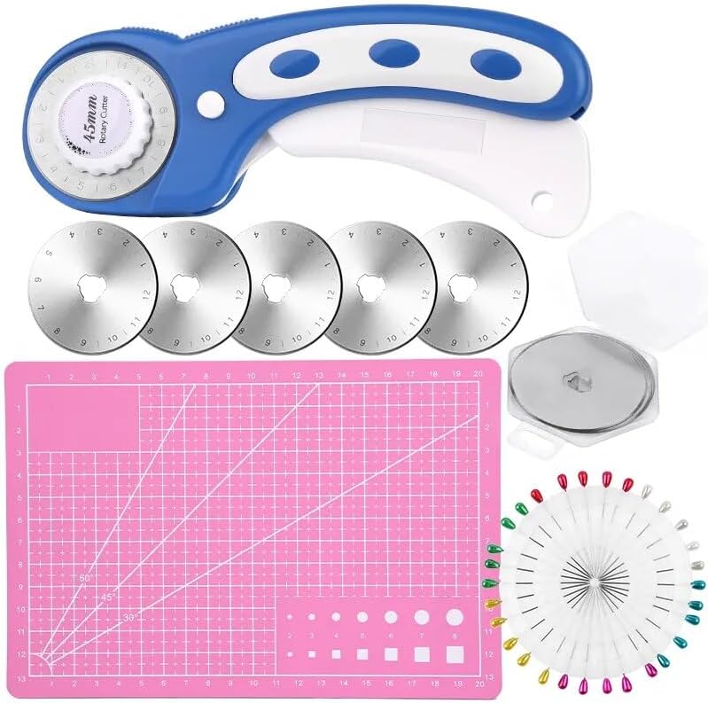 Nonvor Rotary Cutter Set 45mm Rotary Cutter with 5Pcs Replacement Blades Sewing Pins and A5 Cutting Mat for Fabric Quilting