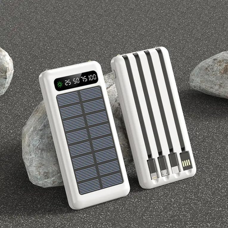 Coverzone 20000 mAh Güneş Enerjili Powerbank 4 Adet Çıkış Lightning Micro USB Type-C USB Solar Enerji Powerbank Dahili Fener Taşınabilir Portatif Güç Bankası YXD-A79 (Beyaz)