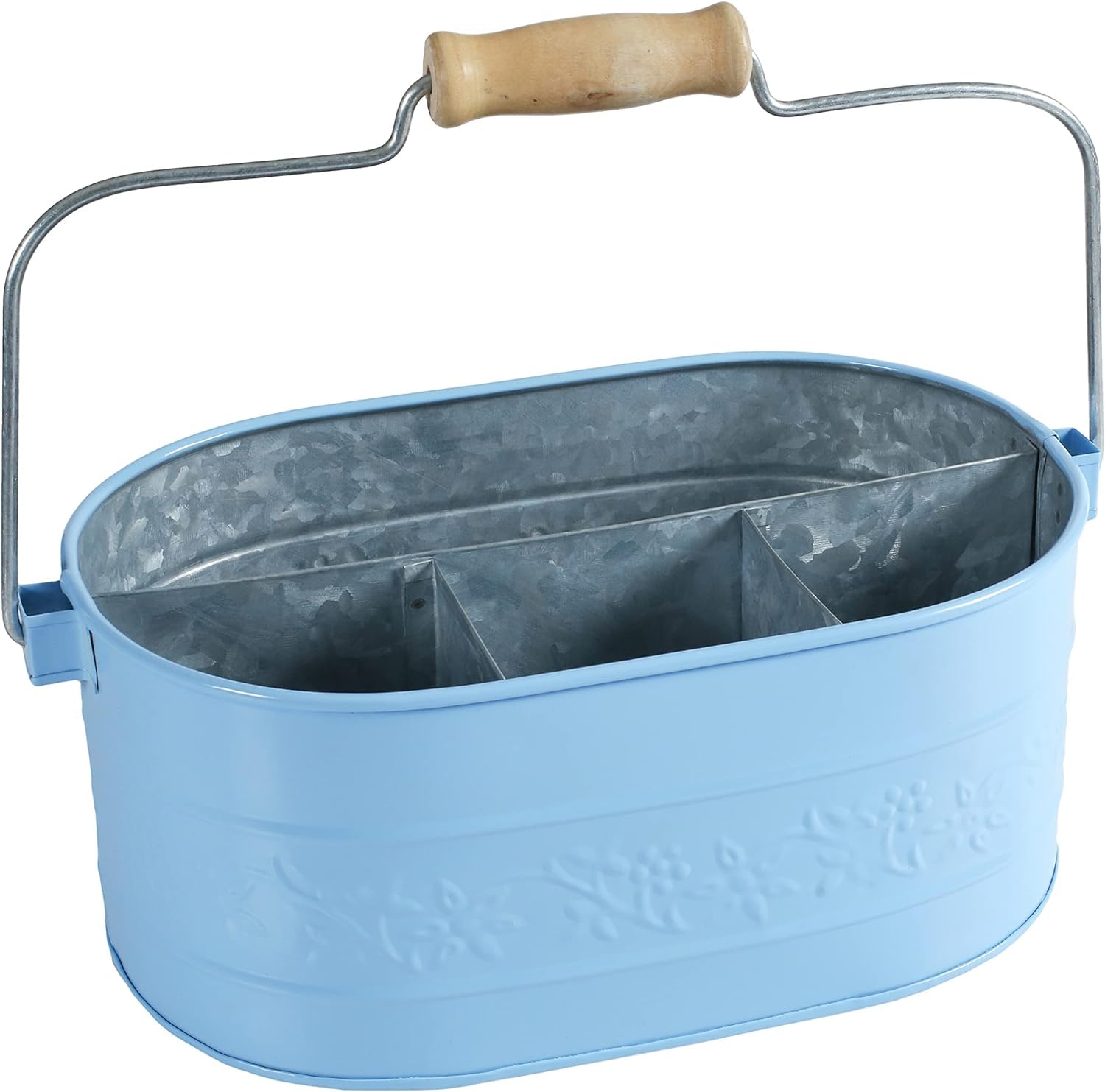 Blue Metal Farmhouse Galvanized Caddy With Wooden Handle - Vintage Rustic Kitchen Organizer With 4 Compartments For Flatware, Napkins, Plates, Cutlery, Flatware, Utensils - SKY Blue