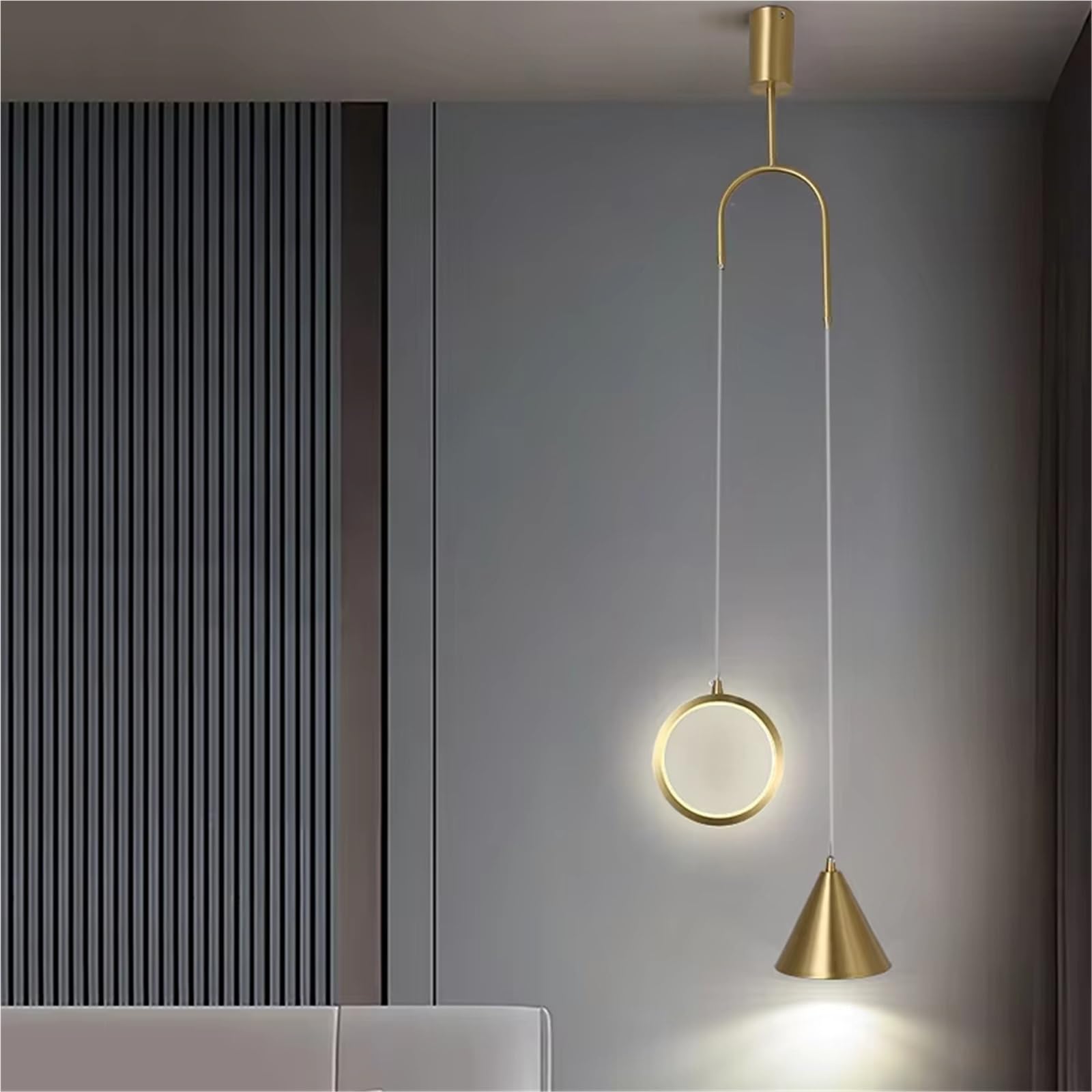 ZTCHSENZT Modern Gold Chandelier Simple Geometric Bedroom Bedside Lights Living Room Background Wall Long Line Copper Chandelier,Warm light-Gold 16cm