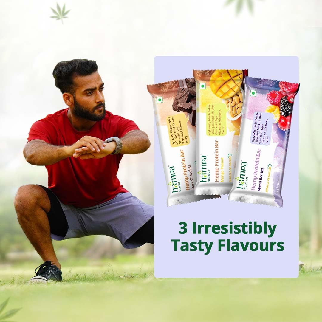Hampa Ganja Protein Bar 50 G | Mixed berries taste | 10G plant protein | No whey, vegetarian friendly. No pair of sugar, sweet with dates. Snack anytime with adesteine protein. Pack of 3 Hampa Ganja Protein Bar 50 G | Mixed berries taste | 10G plant protein | No whey, vegetarian friendly. No pair of sugar, sweet with dates. Snack anytime with adesteine protein. Pack of 3
