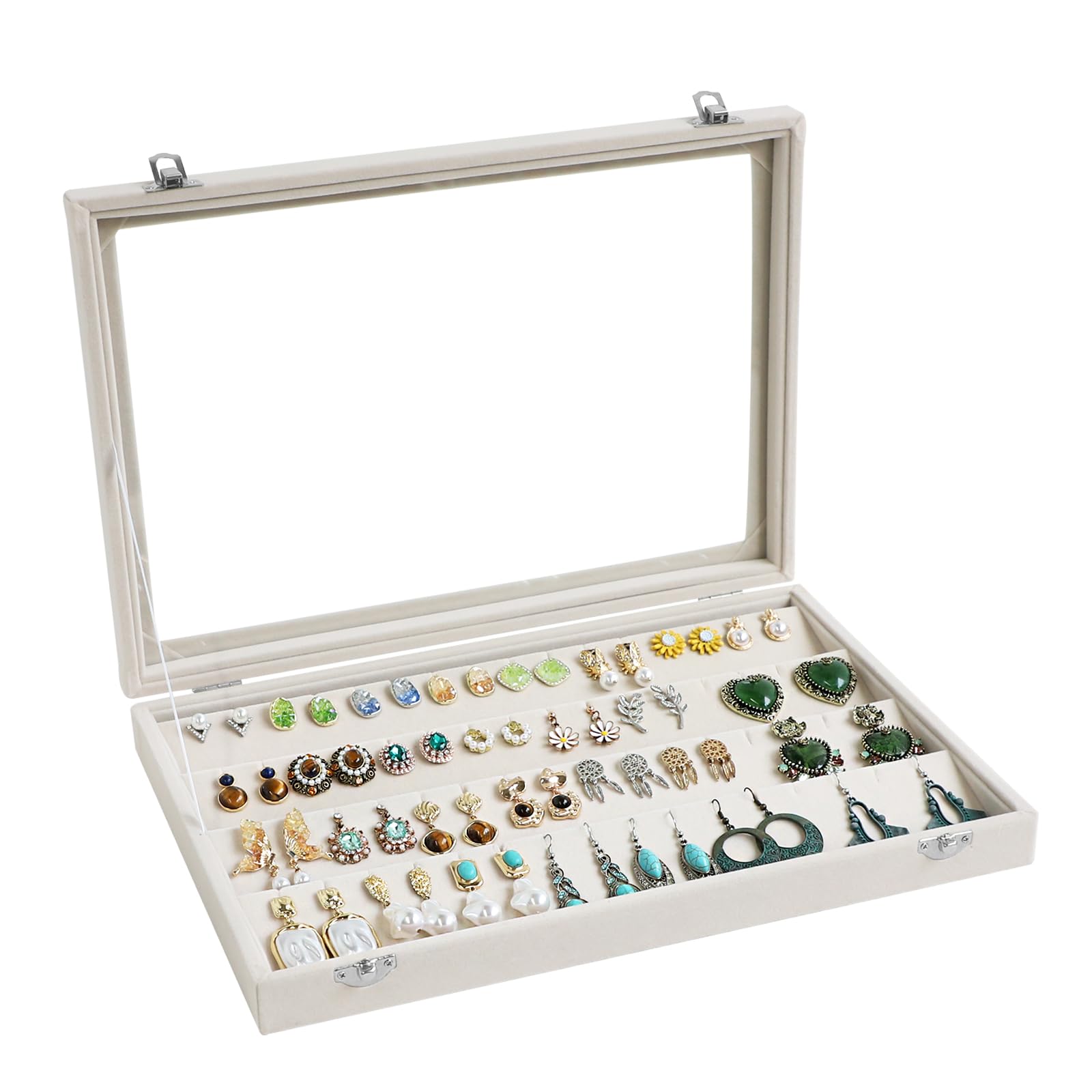 Wudygirl Organizador de aretes de terciopelo con tapa transparente, organizador de 64 ranuras para aretes con cerradura, regalo para niñas y mujeres (caja de aretes beige)