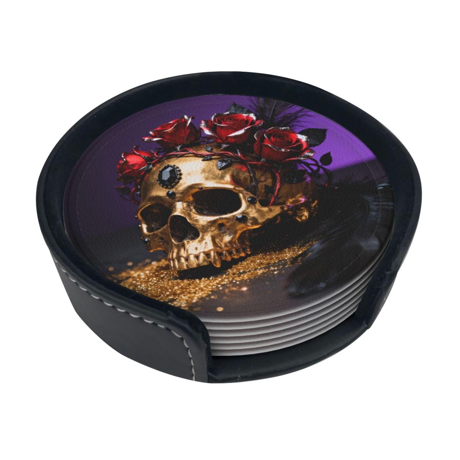 Cntdbu White Gold Skull Rose Leather Coasters Set Of 6-Pu Leather Drink Mats For Table, Heat Resistant Round Coasters With Holder
