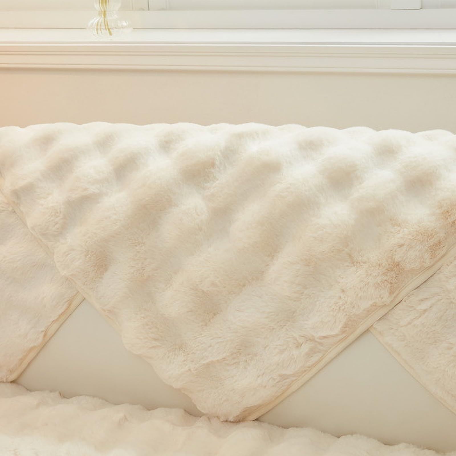MERRYLIFE Thick Plush Faux Rabbit Fur Sofa Slipcovers 1-Piece Non-Slip Warm Soft Cozy Couch Covers Furniture Protector (White, Arm Cover 27"x27")