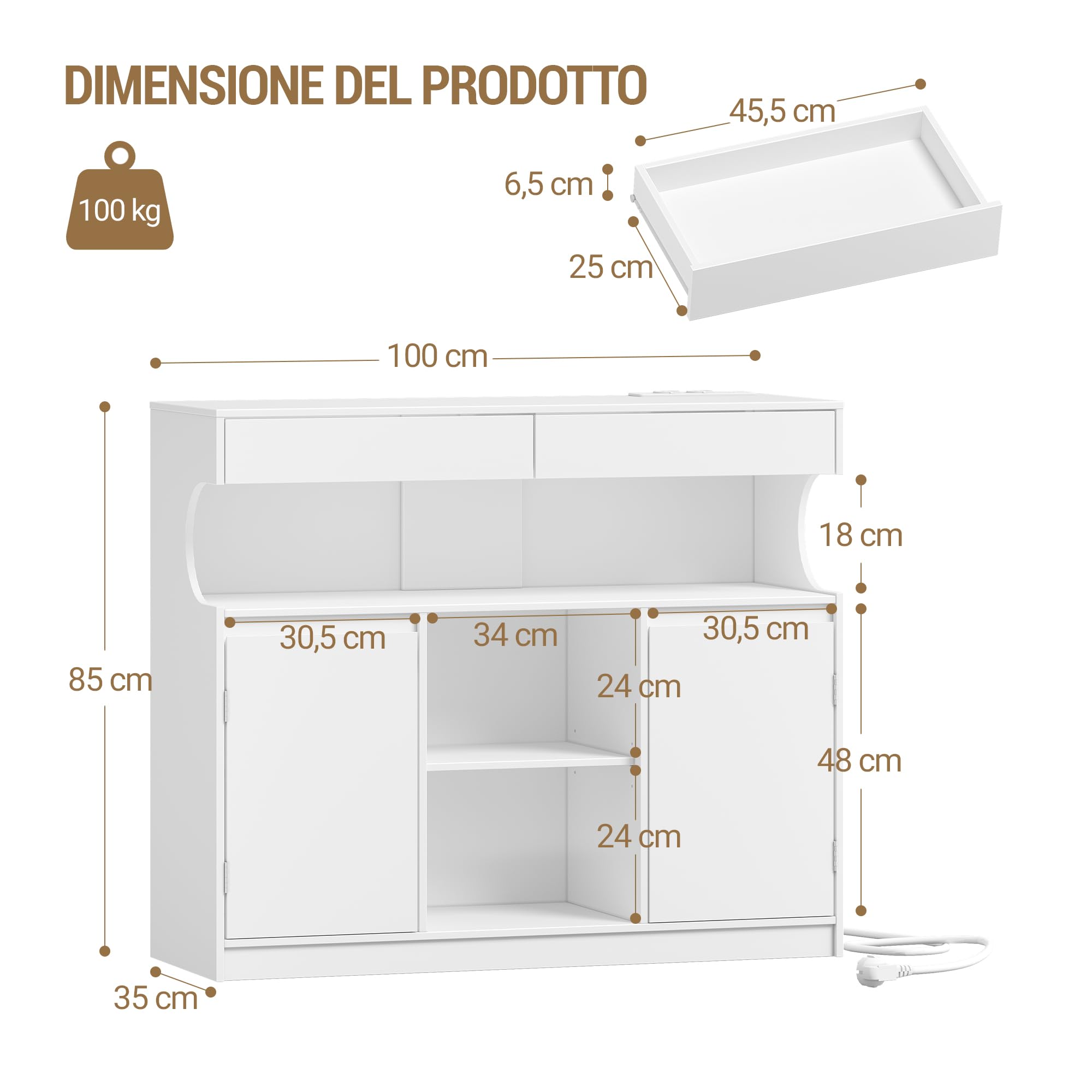 Hzuaneri Credenza cucina con multipresa e luce LED, Mobile dispensa cucina, Mobiles con 2 cassetti e 2 ante, per Soggiorno, Cucinas, 30 x 100 x 85 cm, Bianco SC64903X