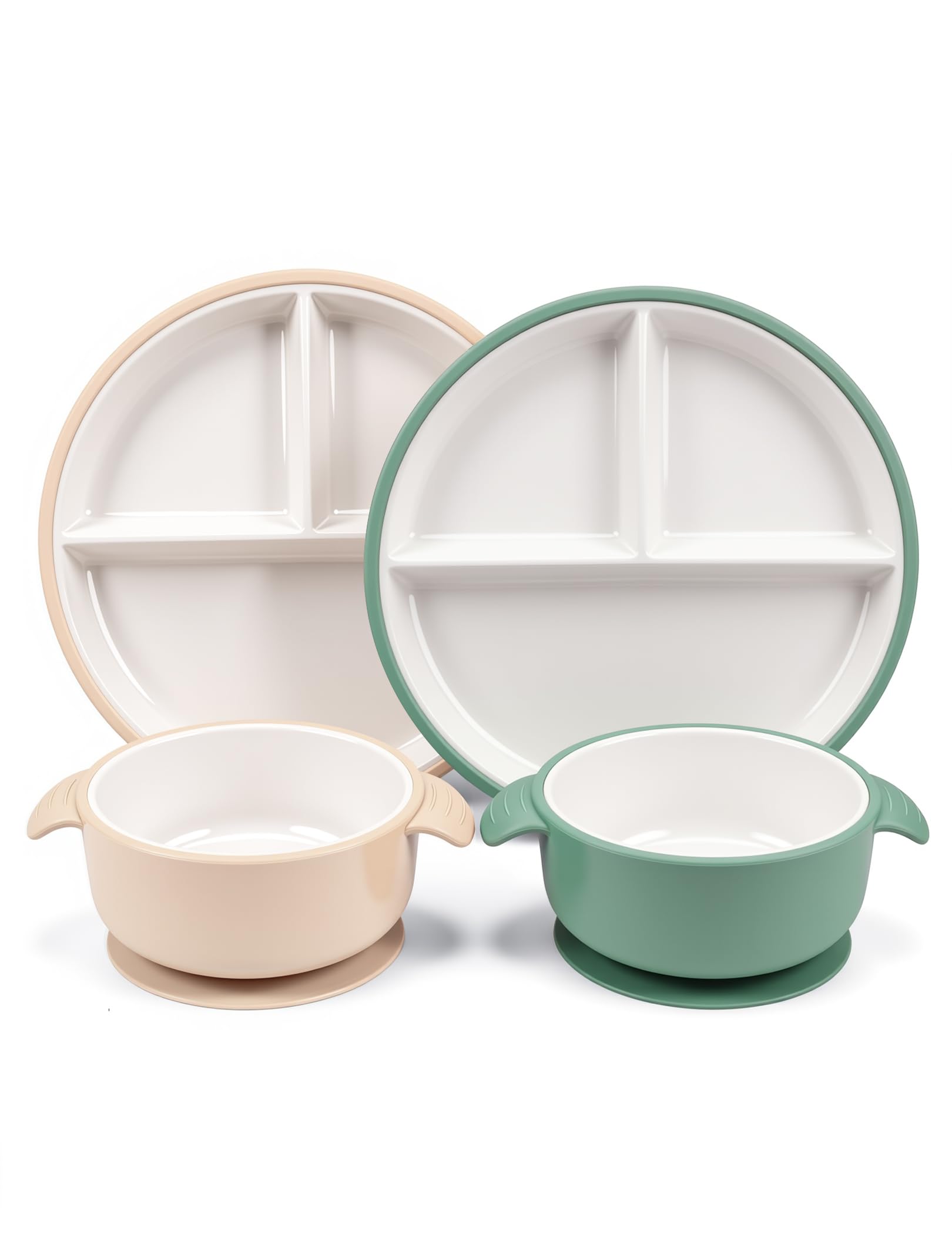 YIHURKIS Porcelain Suction Toddler Plates & Bowls Set with Silicone Suction Sleeves, BPA-Free, Microwave & Dishwasher Safe for Babies Toddlers (Green, Beige)