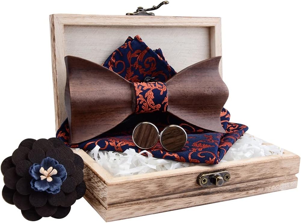 JSEIAJB 3D Wooden-Bow Tie Set Pocket Square Brooch for Men Adjustable Wood Bow Handkerchief and Box Fashion Novelty ties(E)