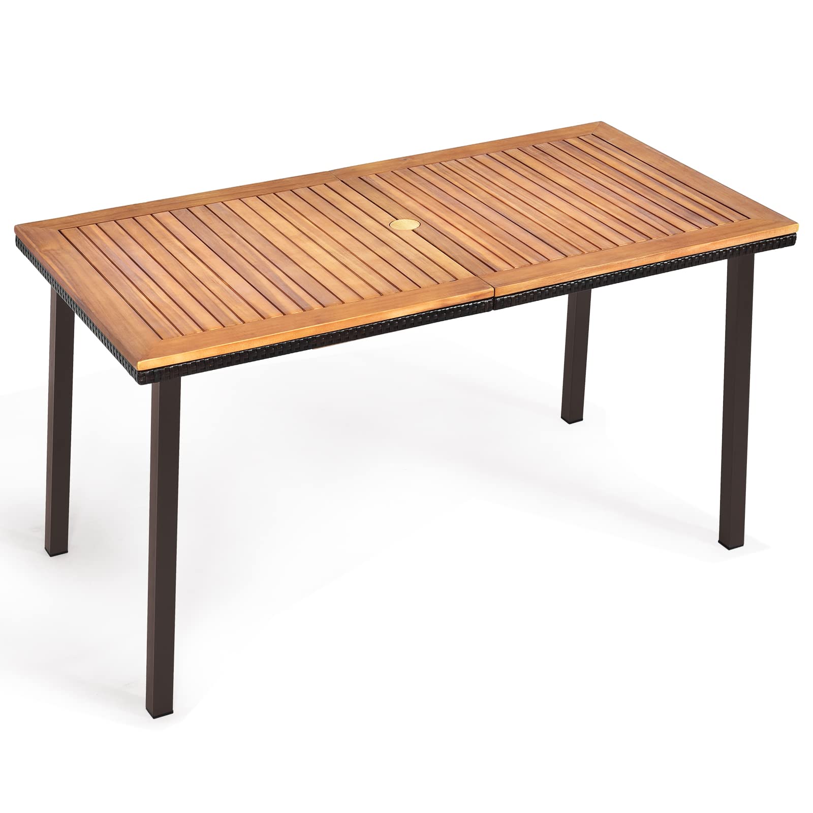 KOMFOTTEU Tavolo da Giardino Rettangolare con Foro per Ombrellone, Tavolo da Esterno in Legno di Acacia, Tavolo da Pranzo con Gambe in Metallo per 6-8 Persone, 140 x 75 x 76 cm