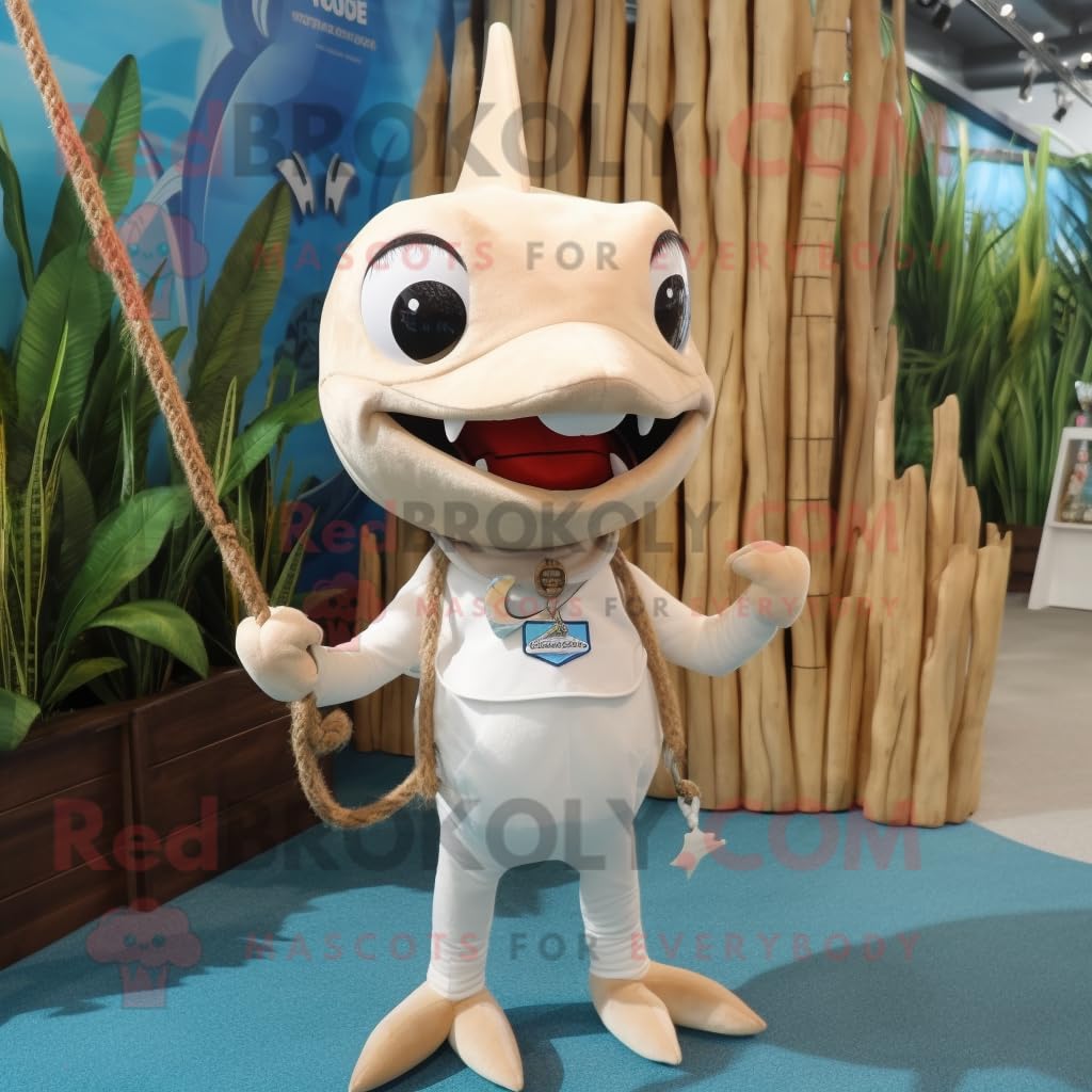 Beigefarbenes Schwertfisch-Maskottchen-Kostüm, gekleidet mit Strampler und Halsketten