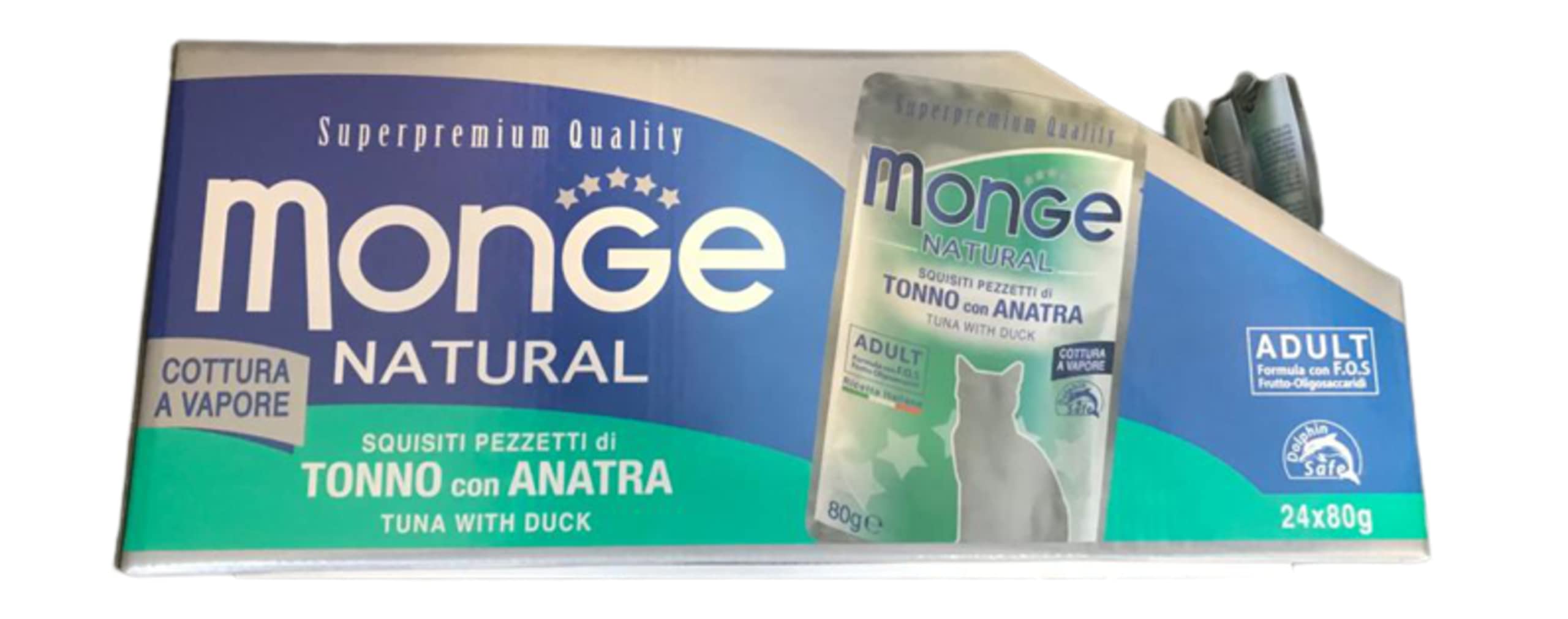 Monge Natural Supremium quality Mokre jedzenie dla dorosłych kotów smak tuńczyka z kaczką gotowaną na parze. Opakowanie 24 saszetek (1 saszetka = 80 gr.) Bez barwników i konserwantów