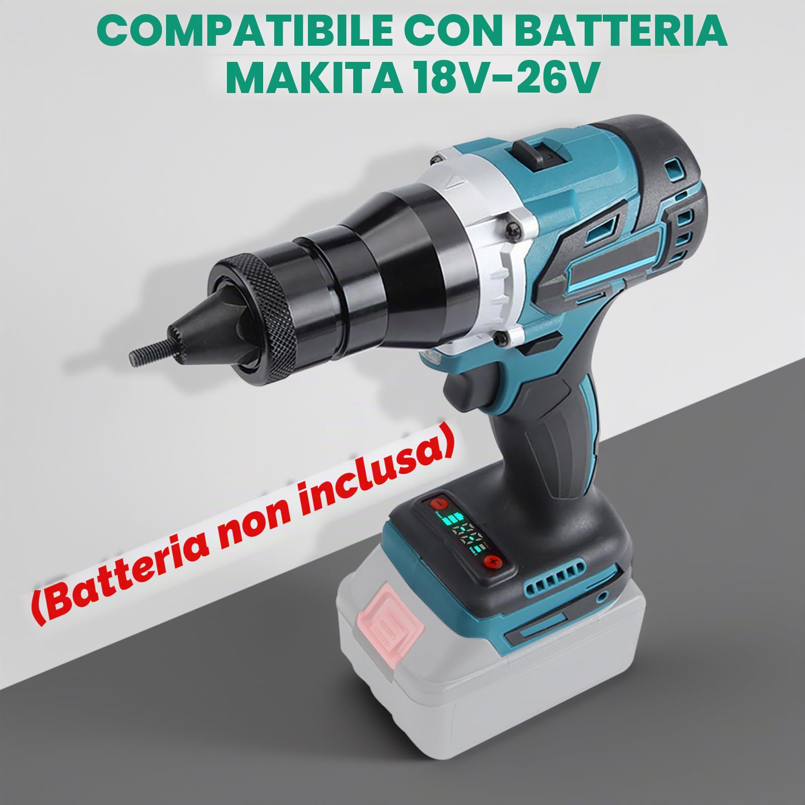Pinza rivettatrice a batteria compatibile con Makita 18V-26V batteria | strumento elettrico senza spazzole con due modalità con testa rivetto M6 (senza batteria, senza caricatore)