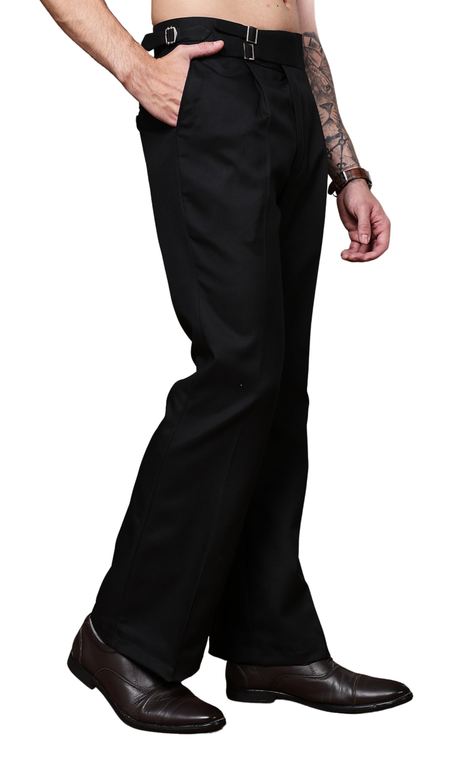 viva trendz Mens Beige Gurkha Pants with Double Buckle Closure Premium Casual Bell Bottom Trousers for Men High Waist Pleated Formal & Casual Wear Pant Stylish Retro Flared Bottom Pant-picture-22