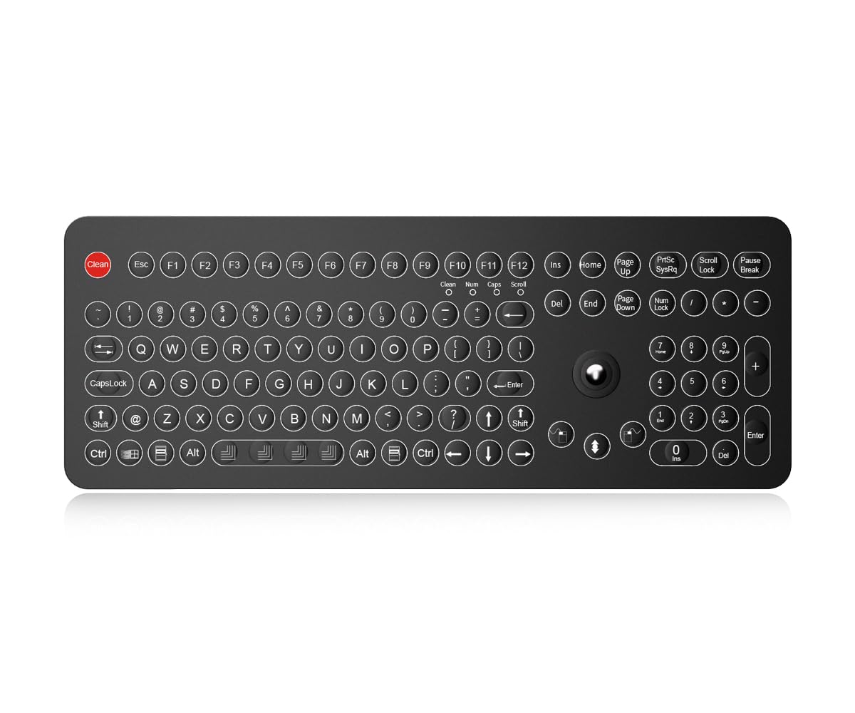 K-TEK-D396-OTB-KP-FN-DT przemysłowa klawiatura membranowa z optycznym trackballem IP68, wodoodporna wytrzymała klawiatura IP68, uchwyt biurkowy, 109 klawiszy USB z klawiaturą numeryczną, do zastosowań