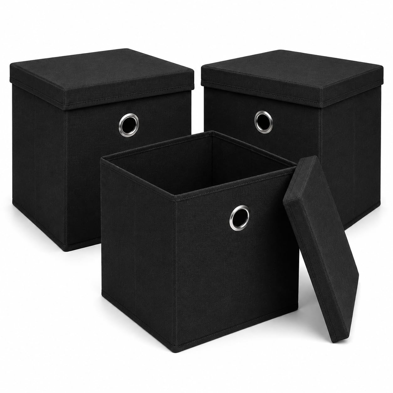 A406 Black Set Of 3 Fabric Storage Cube Box With Lid, Foldable Fabric Storage Basket, Non-Woven Storage Organiser Bin With Handle For Clothes, Toys, Books, Shelves, Wardrobes & Home Storage (, 35X35x35cm)