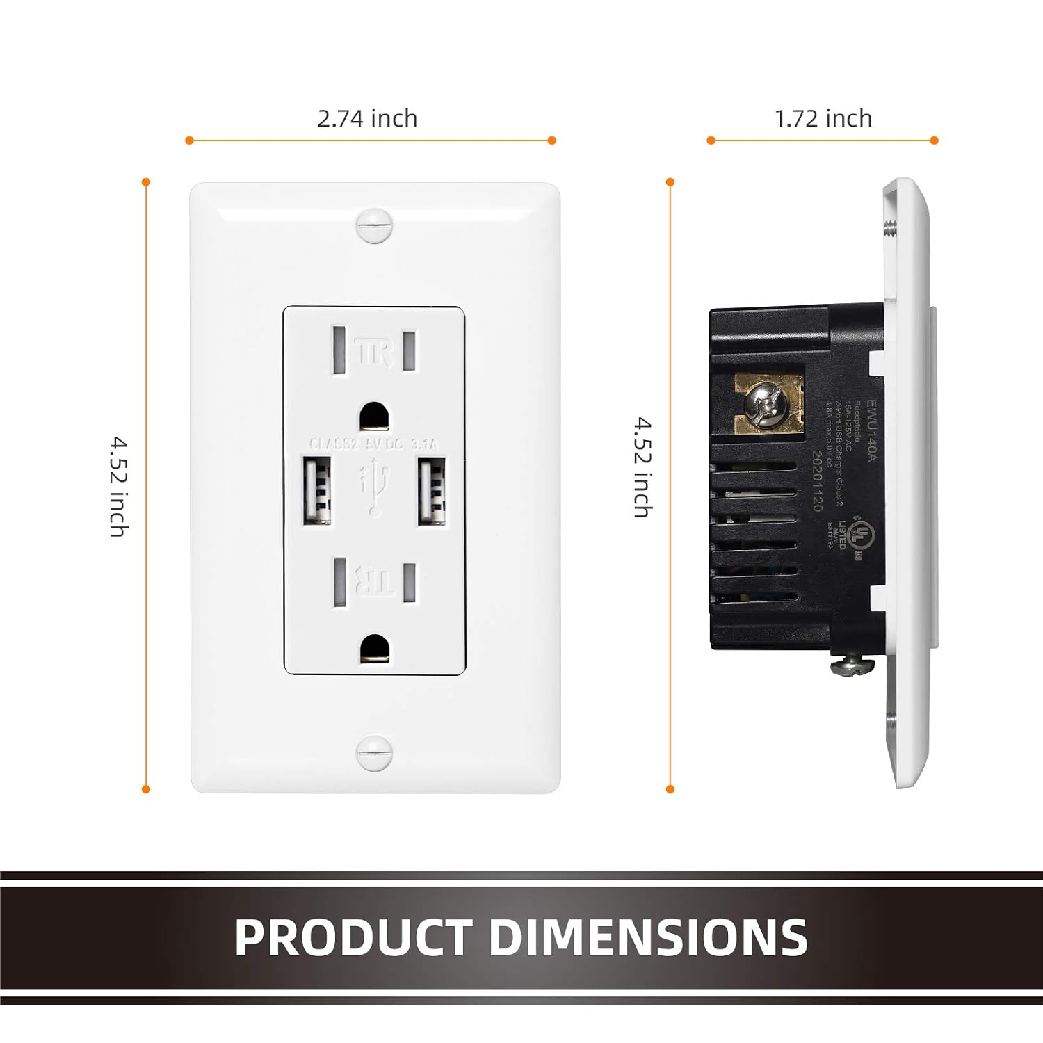 ECOELER 2Pack USB Wall Outlets, 3.1A Charging Capability USB Outlets Receptacles, 15Amp Tamper-Resistant Duplex Receptacles with Dual USB Ports, White, Wall Plate Included, UL Listed