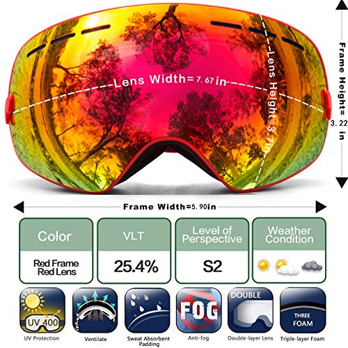 Image of JULI Kids Ski Goggles,Interchangeable Double Layer Spherical Lens,OTG Anti-Fog Snowboard Skate Snow Goggles Age 4-16 4300 4300(Red)