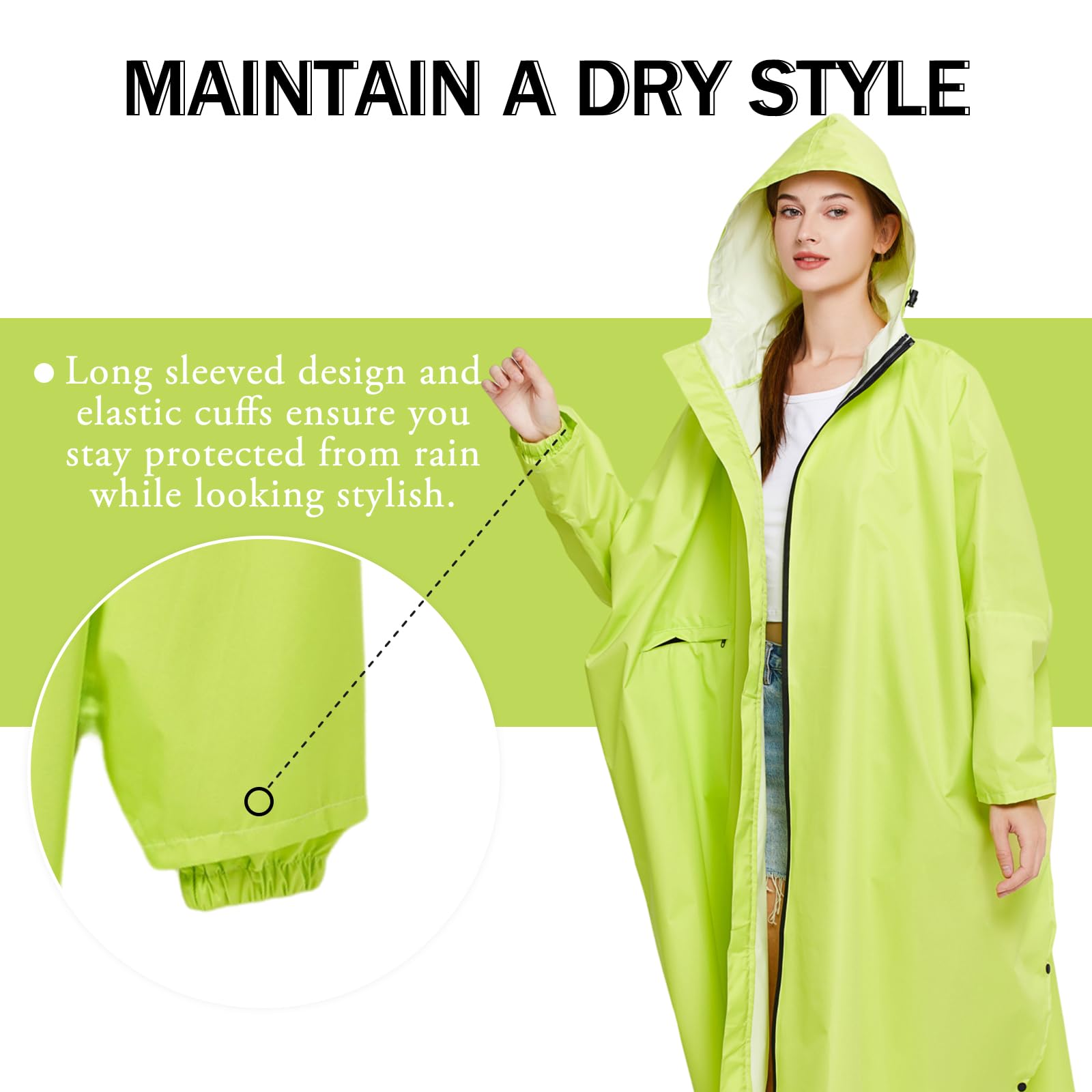 Abrigos de lluvia Impermeables Largos Para Mujer Poncho de lluvia Ligero Empaquetable al aire Libre Ropa de lluvia con Capucha Rompevientos con Mangas y Bolsillo