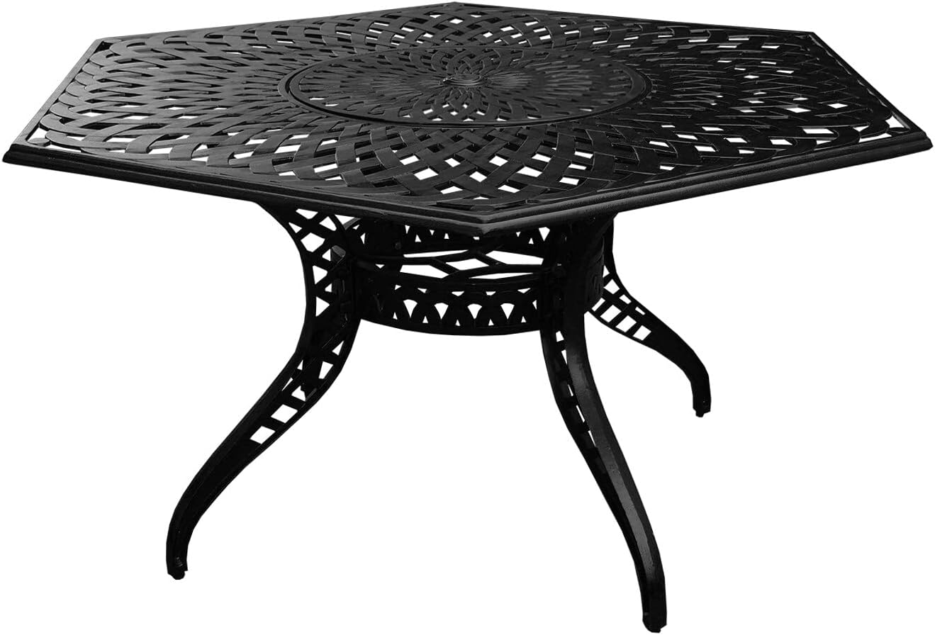 Oakland Living 1822-HEX-63-MESH-TABLE-LAZY-LBK Black Modern Outdoor Mesh Aluminum 63-in Large Hexagon Patio Dining Table with Lazy Susan
