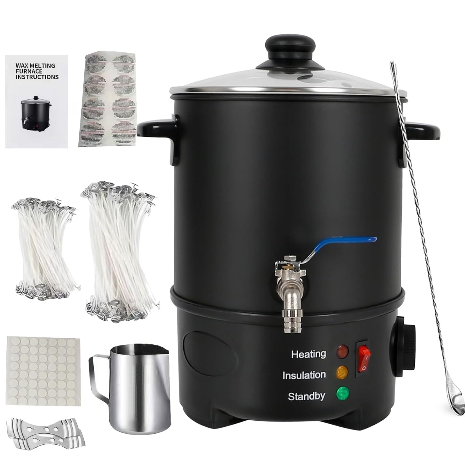 Kit de fusión de cera de vela de 1100 W, 5-20 L, máquina de fusión de cera con control de temperatura de 50 a 100 °C, olla antiadherente, cuchara de acero inoxidable, 100 mechas y tazas de cera para