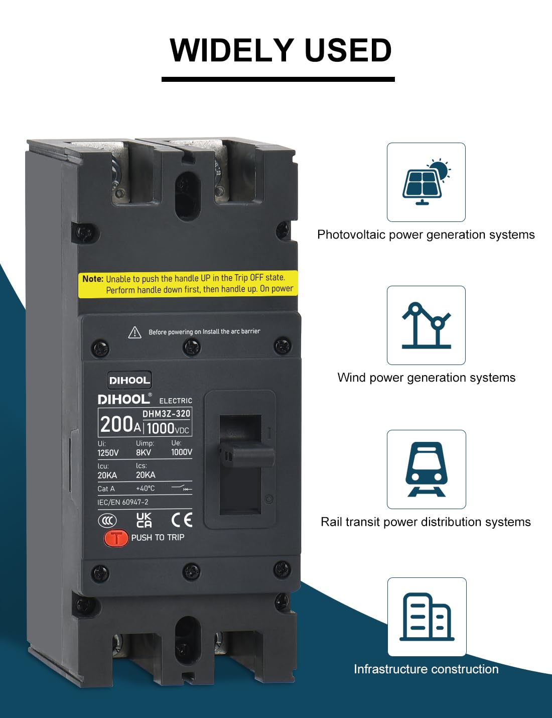 DIHOOL 200 Amp DC Circuit Breaker,2P 1000V 20kA Breaking Capacity Battery Disconnect Switch with Thermal Magnetic Trip for Solar, UPS, Battery