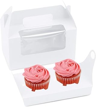 20 Pcs Cupcake Boxes, 2 Holders Cupcake Containers Muffins Cupcakes Carriers Holder Pastry Containers Favor Candy Treat Boxs Bakery Boxes with Window & Handle for Wedding Birthday Party White
