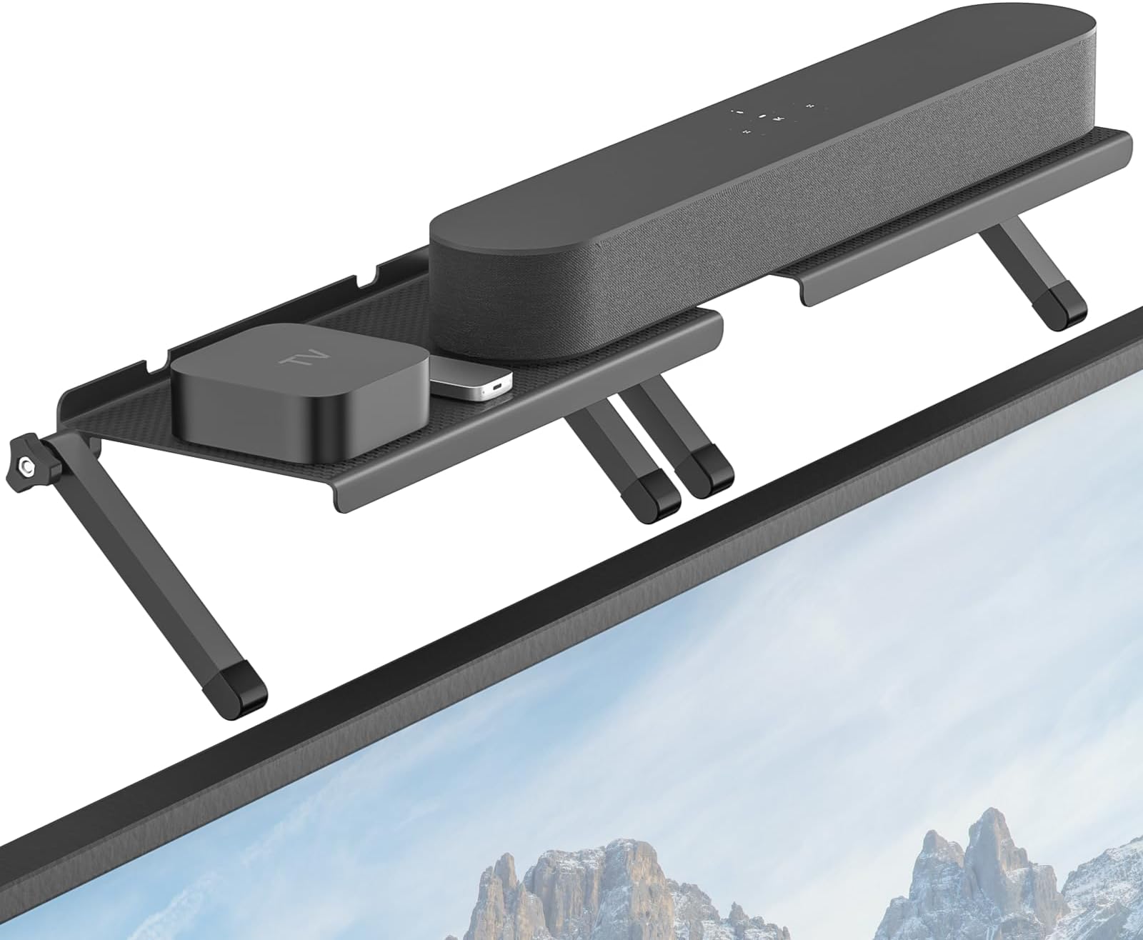 No Drill Sound Bar Mount Top of TV โ Universal TV Top Shelf for Small Soundbars Up to 15 Lbs, Floating Sound Bar Shelf Above TV, Fits for Samsung, Sony, LG, Vizio & More Soundbar TV Mount Bracket