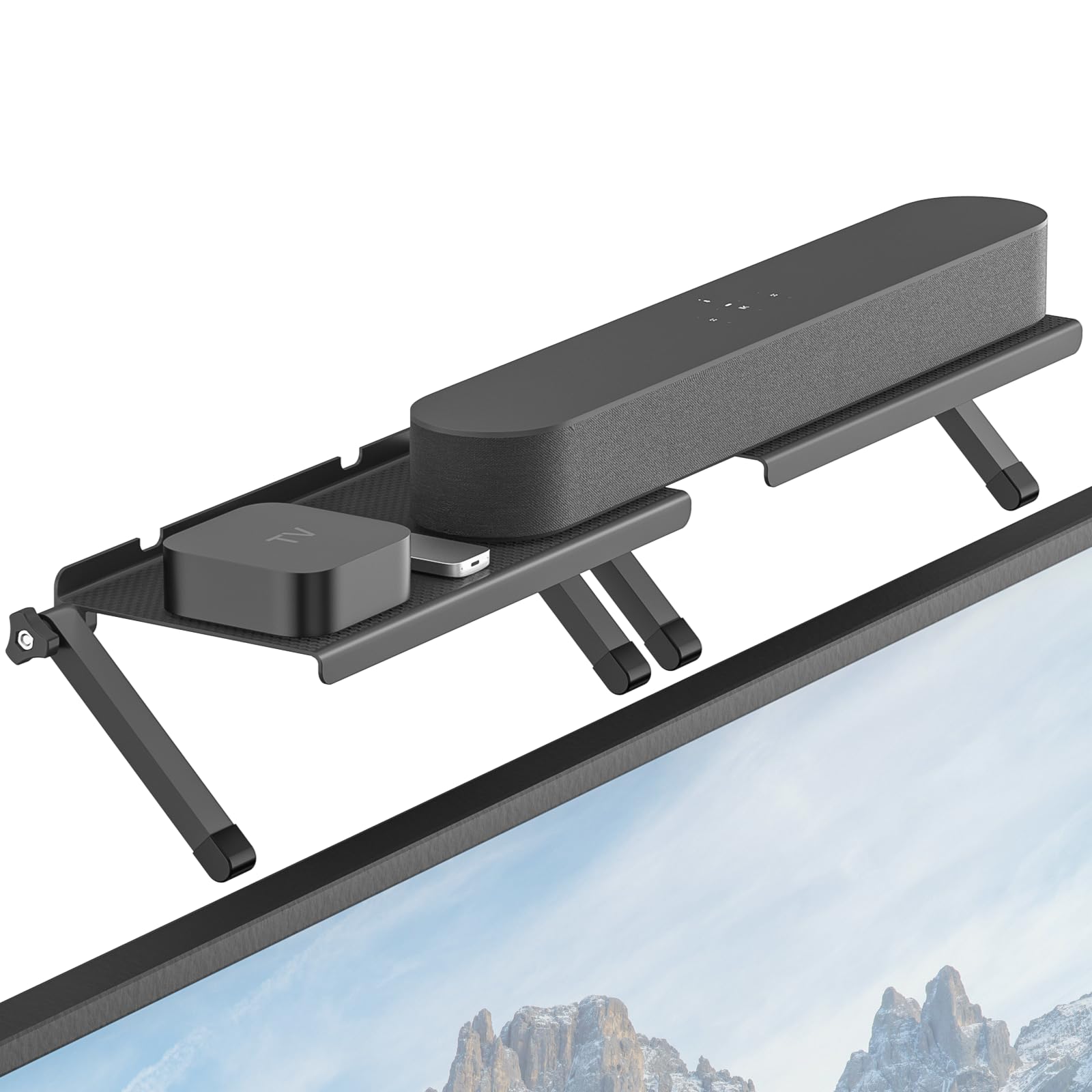 No Drill Soundbar Mount Top of TV – Universal TV Top Shelf for Small Soundbars Up to 15 Lbs, Floating Sound Bar Shelf Above TV, Fits Samsung, Sony, LG, Vizio & More Sound Bar TV Mount Bracket