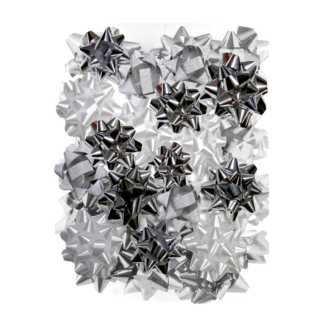 Eurowrap Metallic Silver & White Winter Ribbon Bows - Pack Of 16