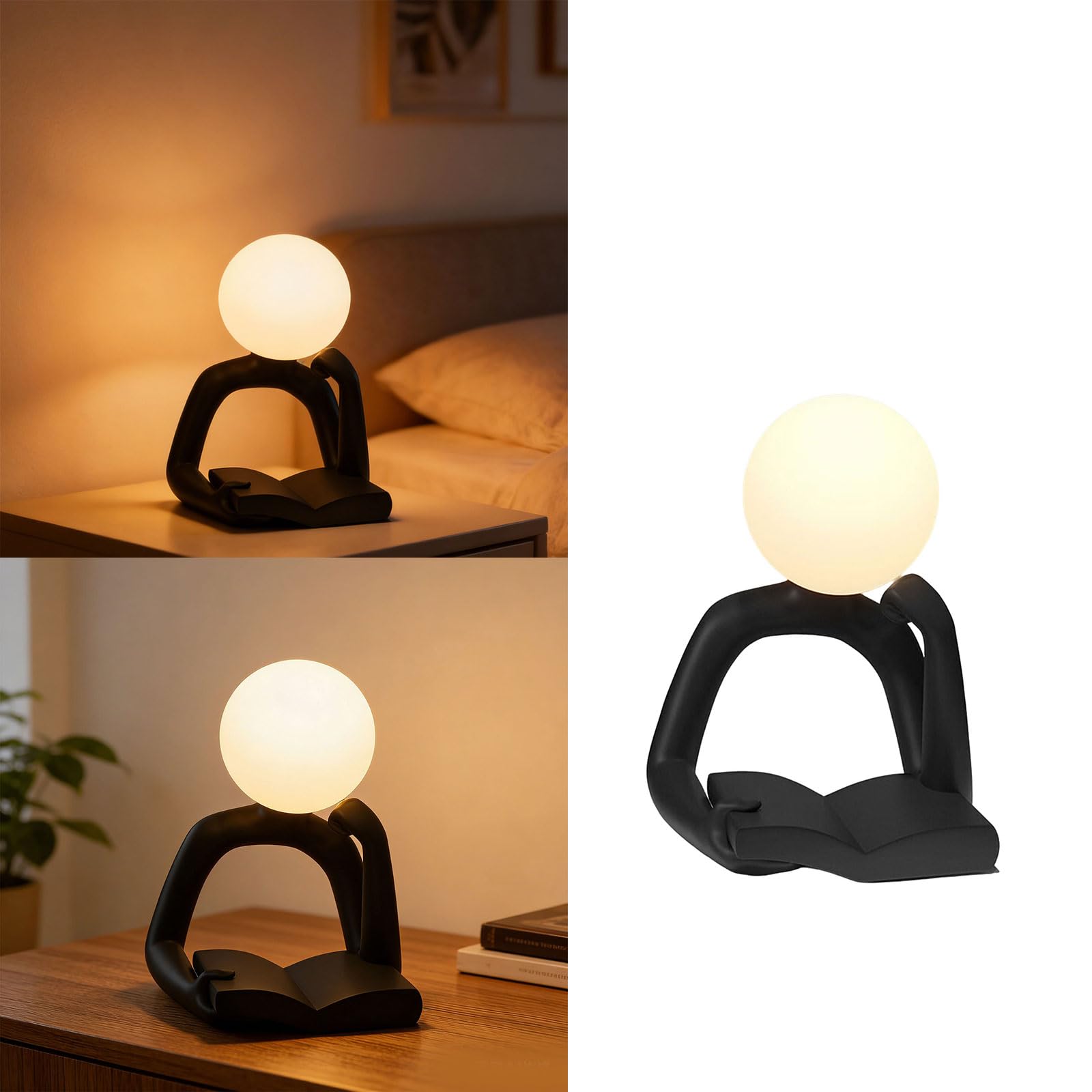 Lampada da scrivania con statuetta lettura artistica, Black | Lampada da scrivania moderna a forma personaggio in resina, decorazione da comodino, luce duratura,