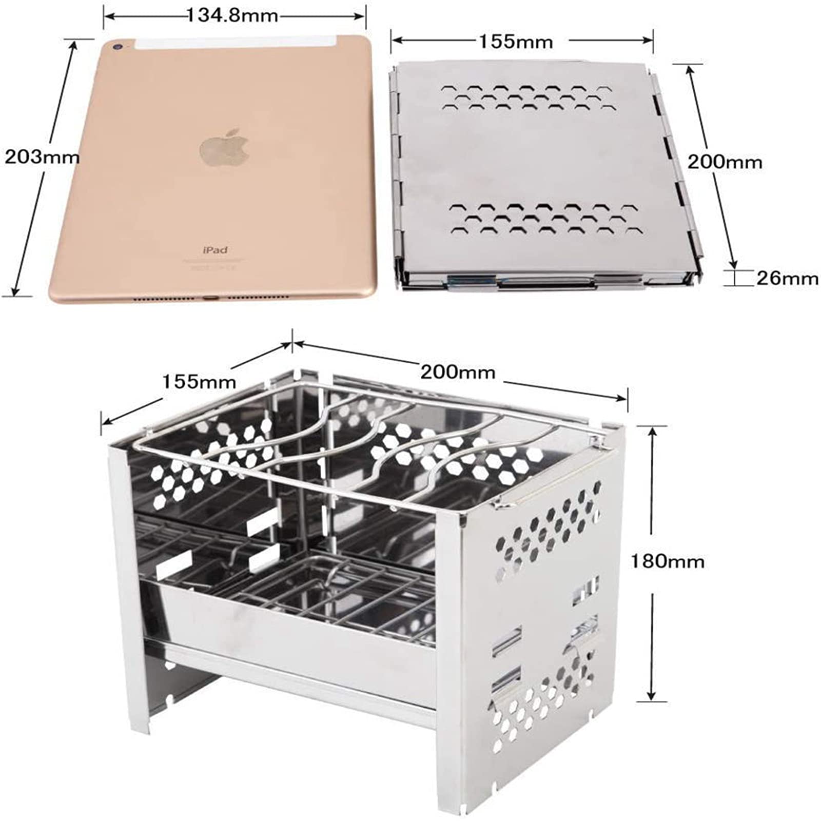 Przenośny grill ze stali nierdzewnej z wędzarką na węgiel drzewny, na kemping, piknik piesze wycieczki, impreza kuchenna, 7,8 x 6,1 x 7 cala
