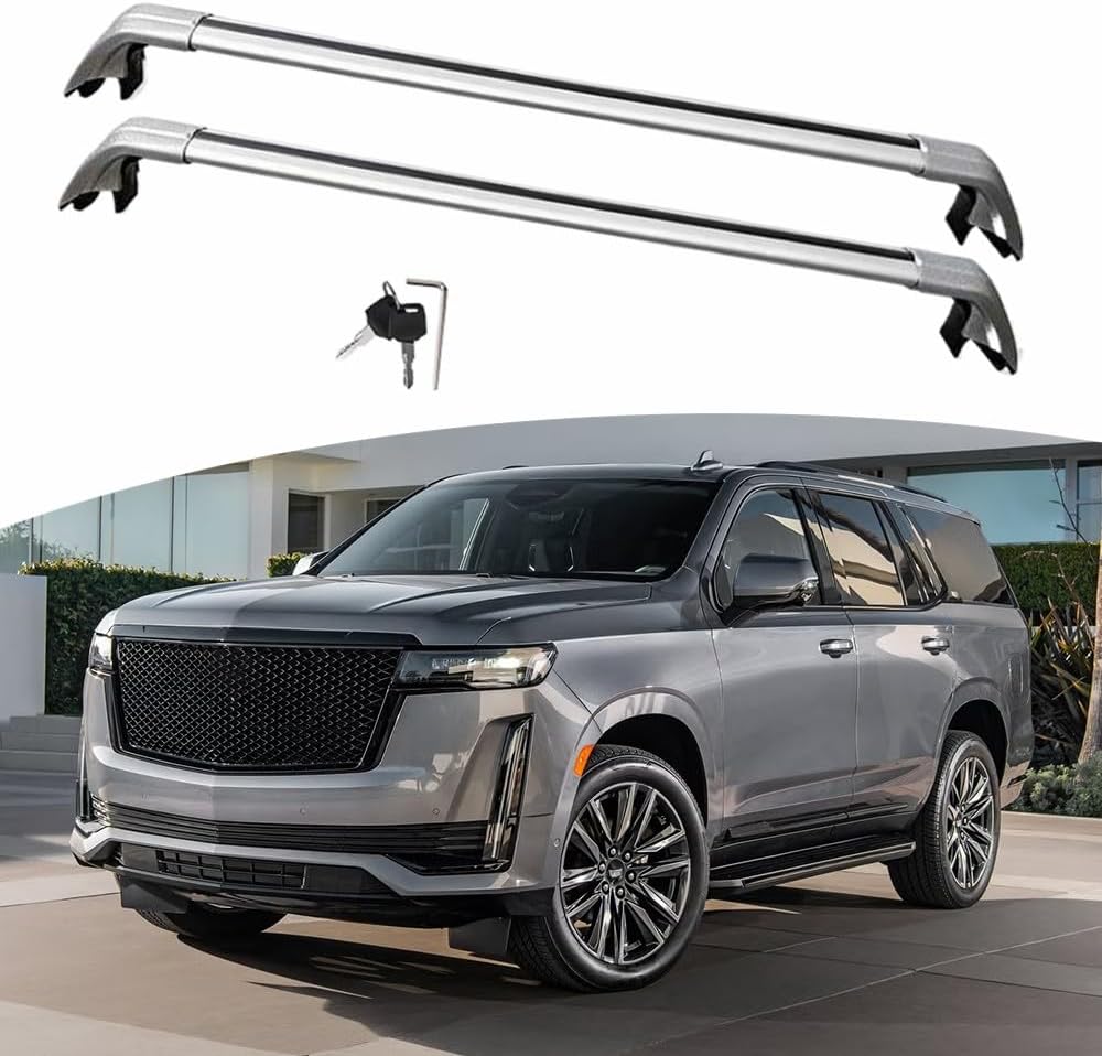 2PCS Aluminum Crossbar Cross Bar Fit for Cadillac Escalade 2021-2026 Luggage Cargo Carrier Roof Rack Rails with Anti-Theft Locks Lockable (Silver)