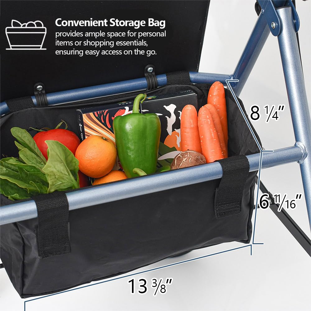 Andador plegable con asiento acolchado, frenos bloqueables, mango regulable en altura, 4 ruedas