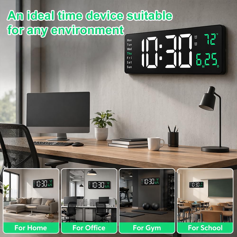 40,6 cm große digitale Wanduhr, LED-Digitaluhr mit Fernbedienung, Datum, Woche, Temperaturanzeige, Dual-Alarme, 12/24 Stunden, 10-stufiger Dimmer, Countdown-Timer für Wohnzimmer, Büro, Küche (grün)