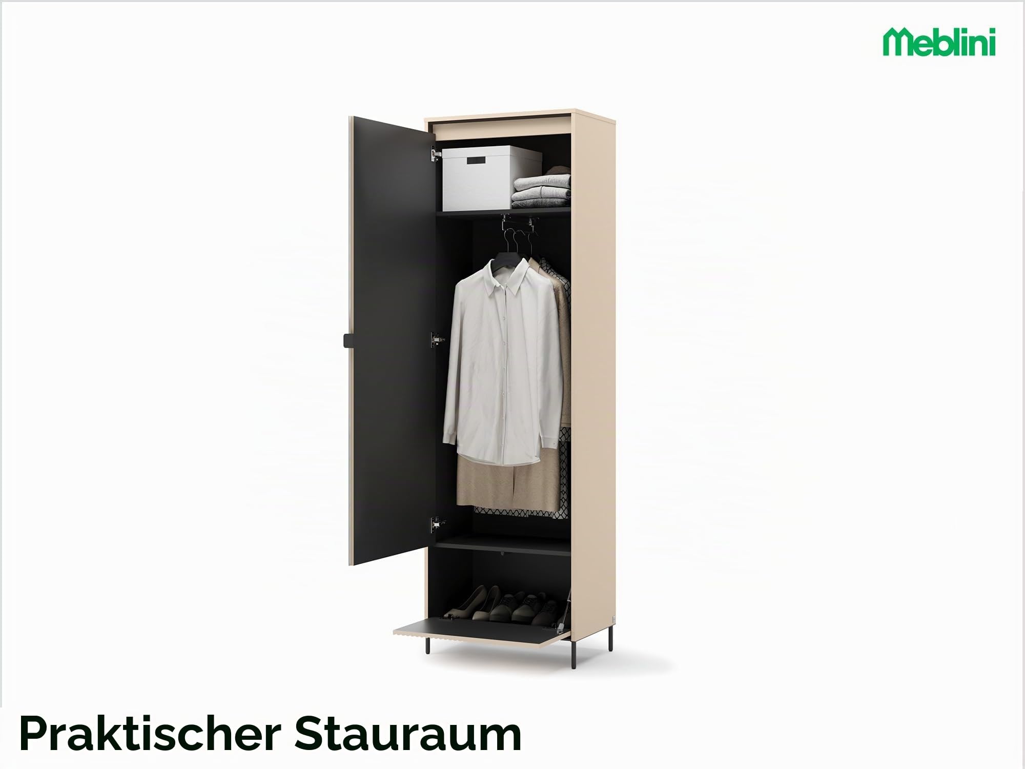 MEBLINI Garderobe Flur Möbel Set mit LED - Garderobenschrank Flur mit Spiegel - Garderobe Schrank - Flurgarderobe - Flurschrank hoch - Trend - Beige/Schwarz
