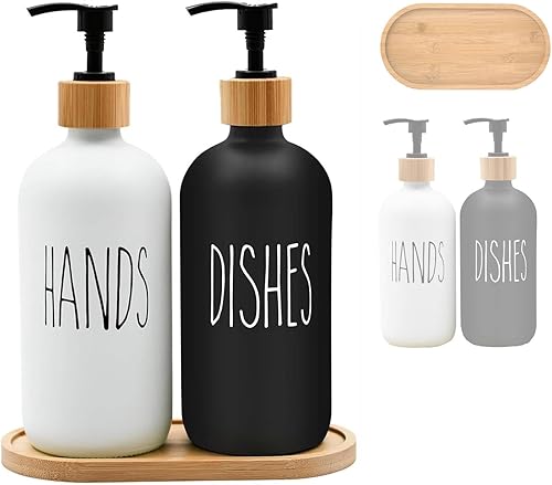 Juego de dispensador de jabón de vidrio, dispensador de jabón para manos y platos de 16 onzas con bandeja de bambú, cocina moderna de granja