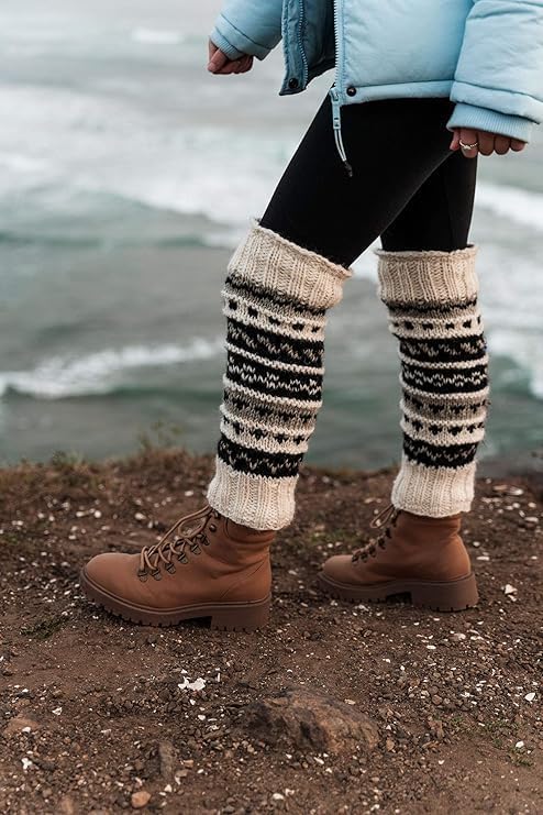 Tibetan Socks Hand Knit Wool Fleece Lined Leg Warmers Boot Toppers - Image 3