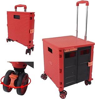 Foldable Utility Cart, 55L 176LB Bearing Folding Portable Rolling Crate Handcart with 360° Rotate Wheels, Noiseless Shopping Trolley for Travel Moving Luggage