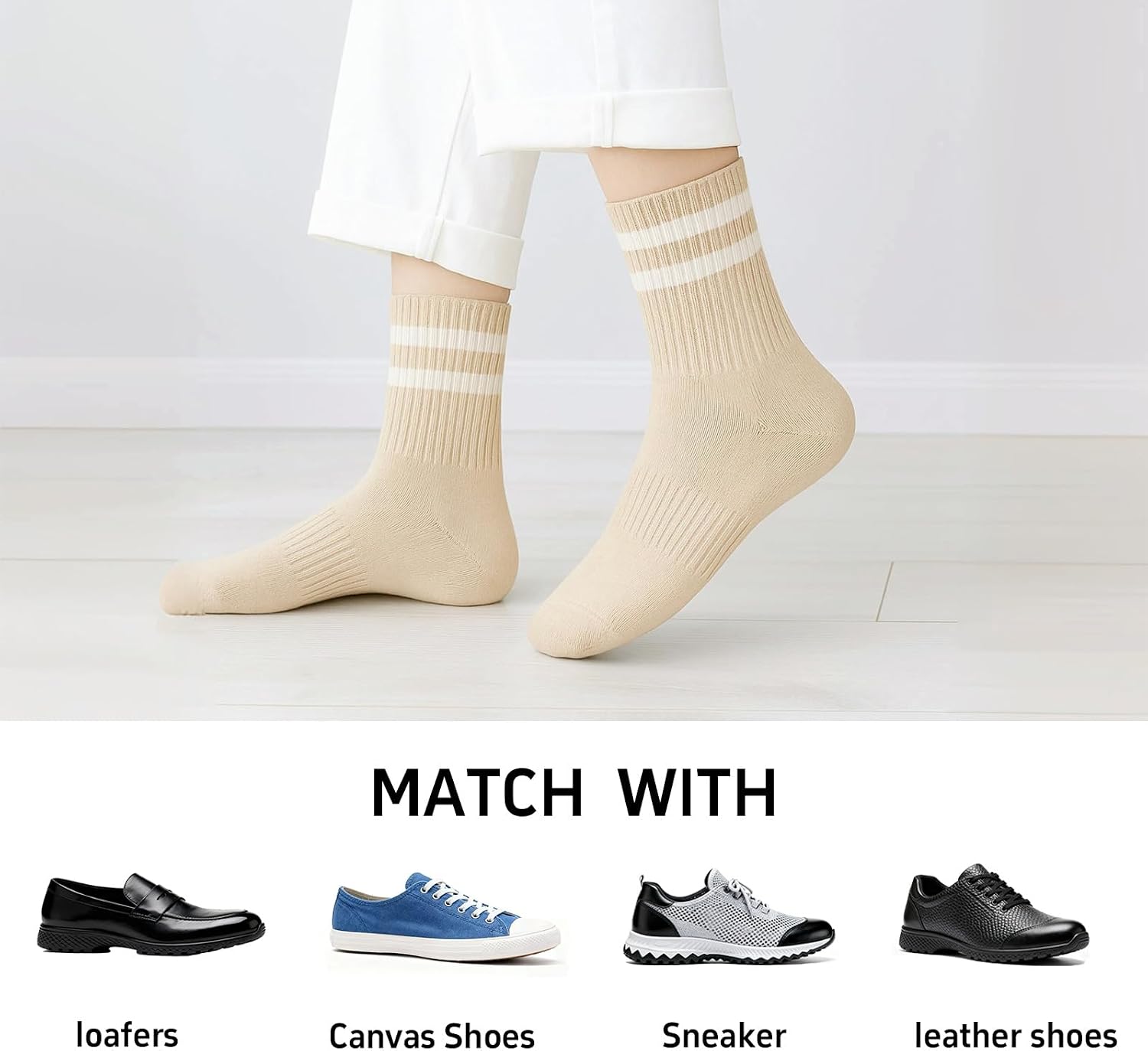 4 Pairs Womens Striped Crew Socks, Cozy Cute Casual Socks with Seamless Toe for Home, School, Office, Size 5-10
