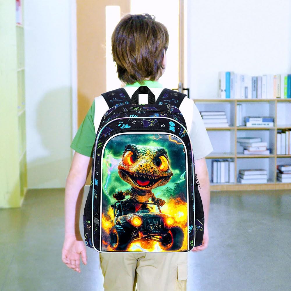 16" Dinosaur Backpack for Boy, 3Pcs Truck Bookbag with Lunch Box, Kids School Backpacks for Elementary Preschool Kindergarten (Black) - Image 2