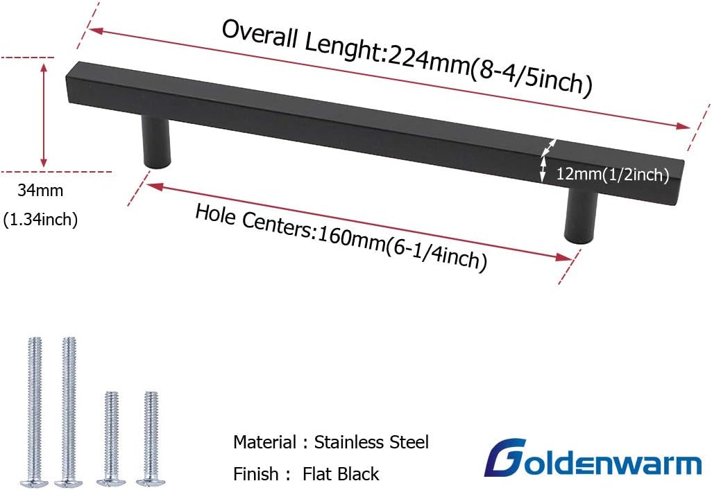 goldenwarm Black Cabinet Pulls Kitchen Hardware Drawer Handles J22BK160 Matte Black Drawer Pulls Square Bar Handles Bathroom Cabinet Door Hardware 6-1/4in Hole Centers 12 Pack