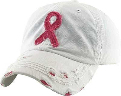 KBVT-212 WHT Pink Ribbon Breast Cancer Awareness Fight Hope Vintage Baseball Cap Hat Women Cotton Adjustable