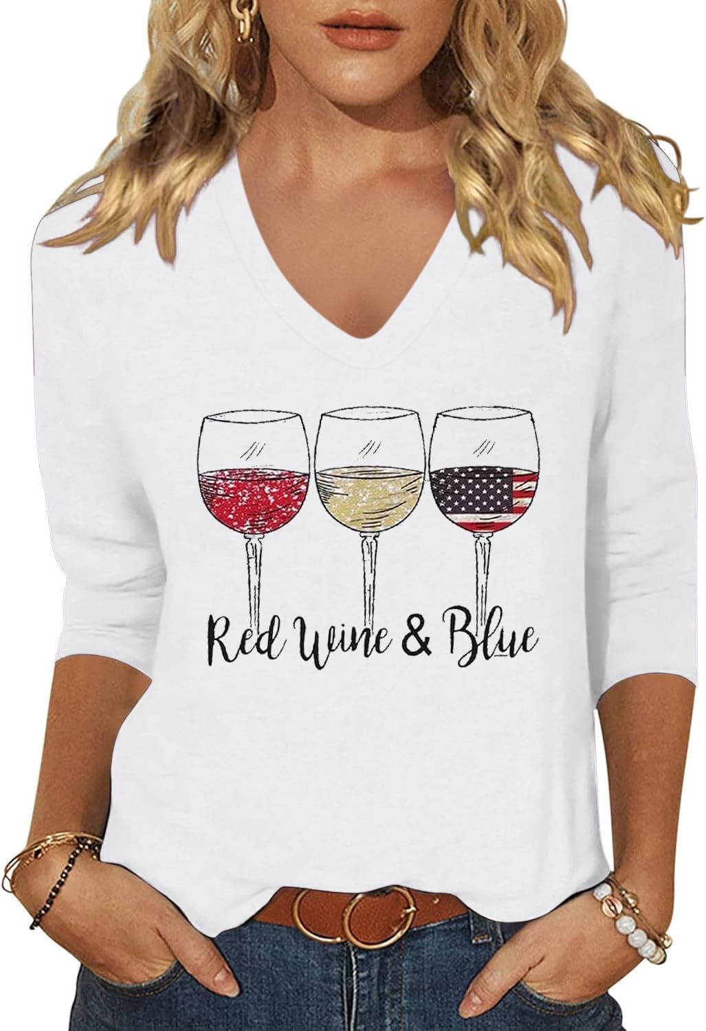 Womens American Flag V Neck Shirt 4th of July Patriotic Tees Funny Graphic 3/4 Sleeve Summer Tops image 3